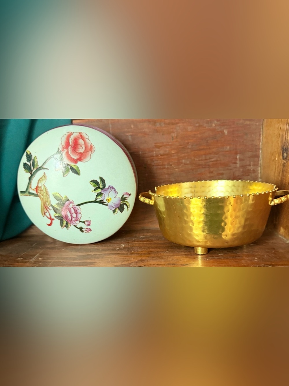 2 Candy Dishes One Hammered Gold and One Blue Floral ceramic